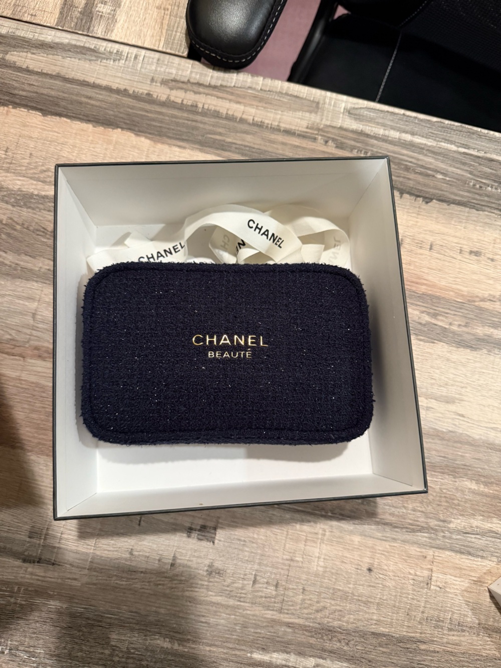 CHANEL Navy Tweed Zip Phone Case with Gold Logo
